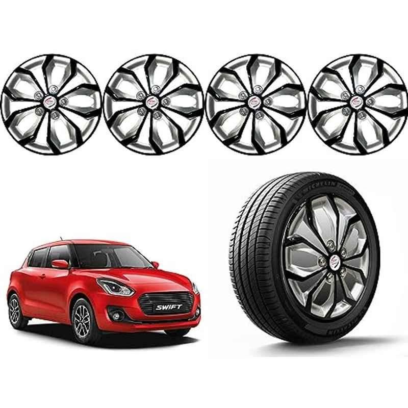 Auto Pearl 4 Pcs 14 inch Polypropylene Black & Silver Press Type Car Wheel Cover Set with Retention Ring for Maruti Suzuki Swift 2018-2022, 14WC_Pearl_Rev_Swift2018_2022