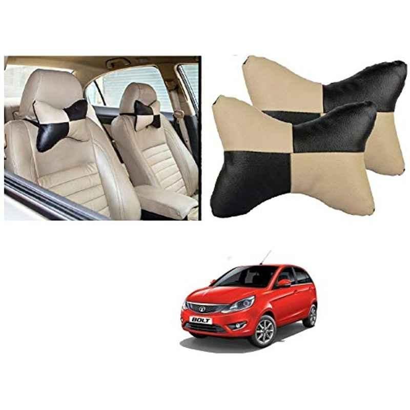 Kozdiko 2 Pcs Black & Beige Square Chess Design Car Neck Rest Pillow Set for Tata Bolt