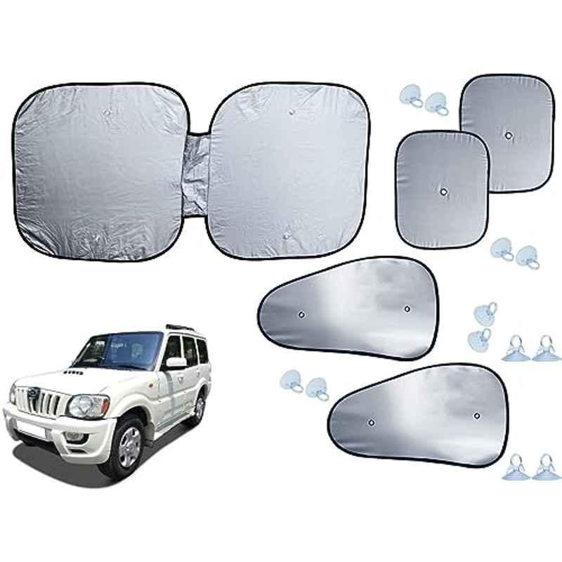 Auto Pearl 5 Pcs Polyester Black & Silver Window & Front Sun Shade Set for Mahindra Scorpio 2009-2014