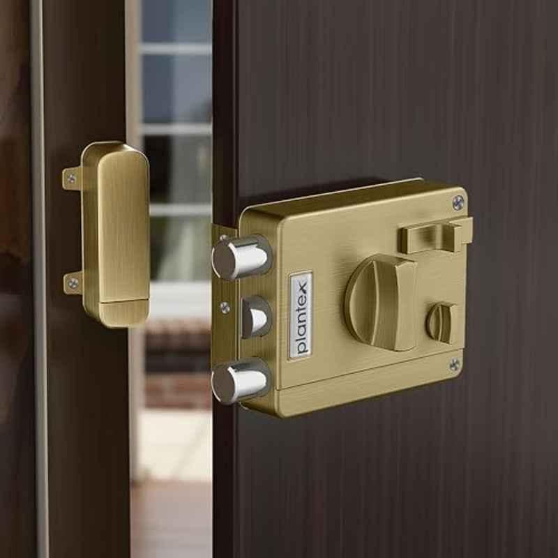Plantex Heavy Duty Rim Locks for Main Door/Door Lock for Main Door with 4 Keys/Suitable for Inside Opening Wooden Door Antique Brass