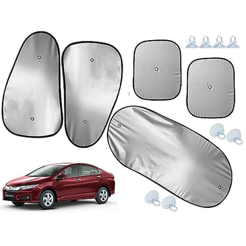 Auto Pearl 5 Pcs Polyester Black & Silver Window & Rear Sun Shade Set for Honda City i VTEC & i DTEC 2015-2017