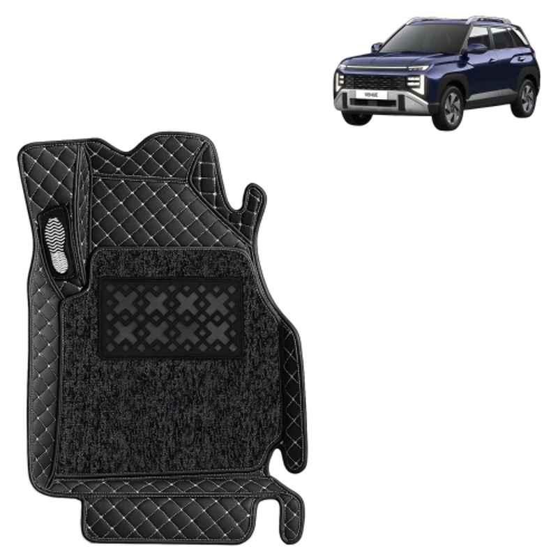Kingsway 3 Pcs Premium 7D 100% Waterproof & Washable PU Leatherette Classic Black Car Floor Mat Set for Hyundai Venue 2025 Onwards All Model