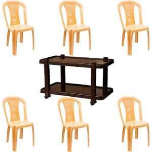 Italica 6 Pcs Polypropylene Marble Beige Without Arm Chair & Nut Brown Table with Wheels Set, 9306-6/9509