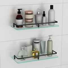 Plantex Frosted Glass Shelf for Bathroom/Shelf with Brass Railings & Brackets/Shelf for Living Room/Bedroom/Kitchen (Pack of 2) 15x6 inch, Black