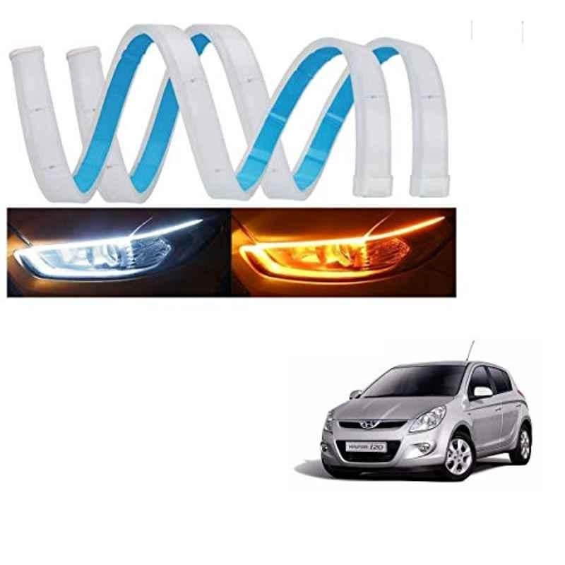 Kozdiko 2 Pcs 60cm Flexible White Car Daytime Running Light Set with Matrix Yellow Indicator & Turn Sequential Flow for Hyundai Old i20 (2008-2014)