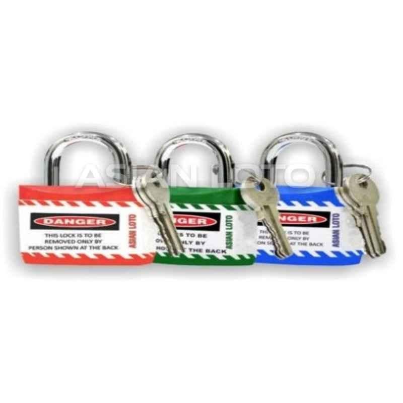 Asian Loto 3 Pcs Metal & Plastic Red, Green & Blue Regular Shackle Jacket Padlock Set with 3 Keys, ALC-LPR