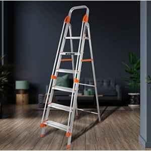 Plantex Secura 6 Step Aluminium Ladder for Home/Foldable Ladder with Safe Hand Rails/5 Year Manufacturer Warranty Orange-Chrome