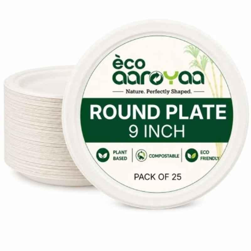 Eco Aaroyaa 9 inch Bagasse Round Disposable Plates (Pack of 25)
