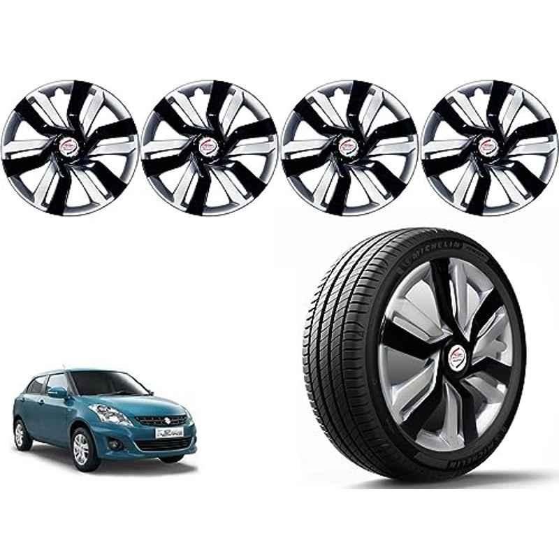 Auto Pearl 4 Pcs 14 inch Polypropylene Black & Silver Press Type Car Wheel Cover Set with Retention Ring for Maruti Suzuki Swift Dzire Type 2 2012-2015, 14WC_Idtec_Rev_DzireType2_2012_15