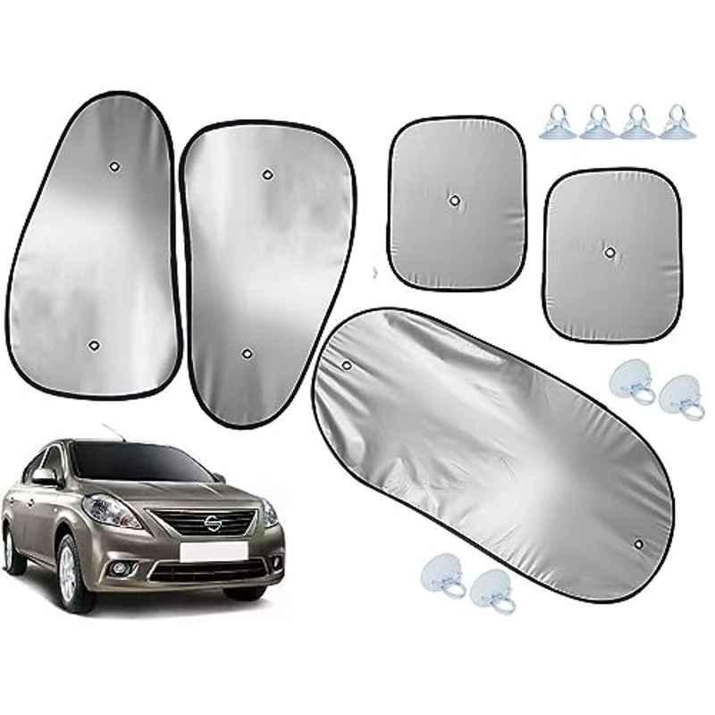 Auto Pearl 5 Pcs Polyester Black & Silver Window & Rear Sun Shade Set for Nissan Sunny 2011-2014