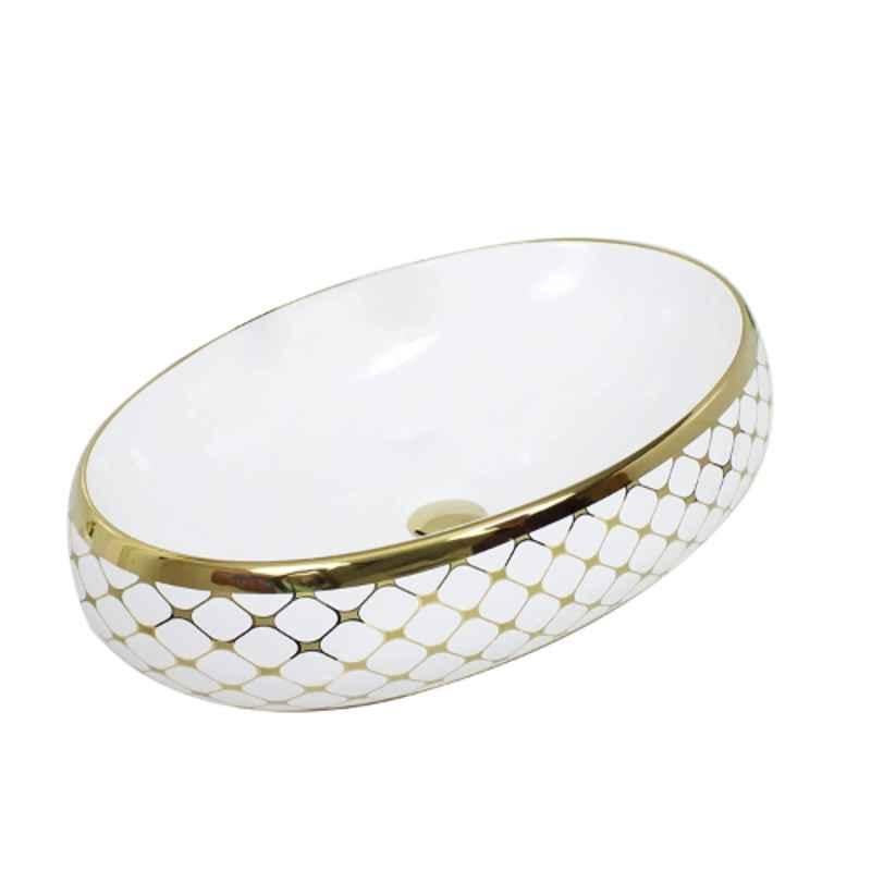 Bassino 40x60x14.5cm Ceramic Golden & White Glossy Finish Round Wash Basin, BTT-1005-F