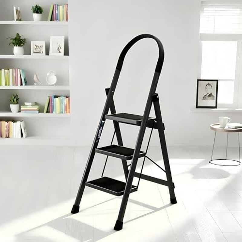 Plantex Apex-Black Ladder for Home 3 Steps/Foldable Ladder with Anti-Skid Wide Steps 30x20cm/Strong D-Shape Pipe with-Support for More Stability/5 Year Warranty