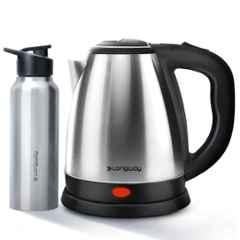 Longway Kestro 2 Litre 1500W Stainless Steel Silver & Black Electric Kettle with Water Bottle Combo & 2 Years Warranty
