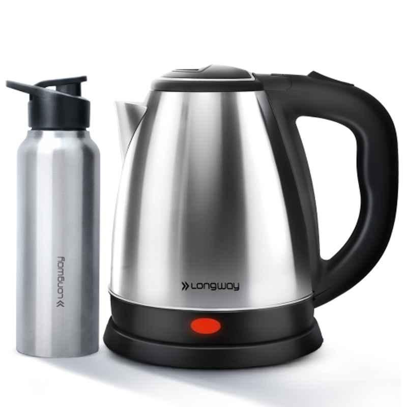 Longway Kestro 2 Litre 1500W Stainless Steel Silver & Black Electric Kettle with Water Bottle Combo & 2 Years Warranty