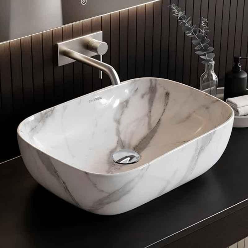 Plantex Alpha 18x13x5.5 inch Ceramic Marble Tabletop Wash Basin for Bathroom, NS-103