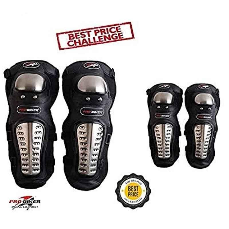 AOW Knee Guard compatible with Pro-xerz 2nd Generation Alloy Steel Elbow Guard Flexible Breathable Adjustable Knee Shin Armor Protector (Black) for Bikers and Riders (Pack of 4 PCS) KN-14