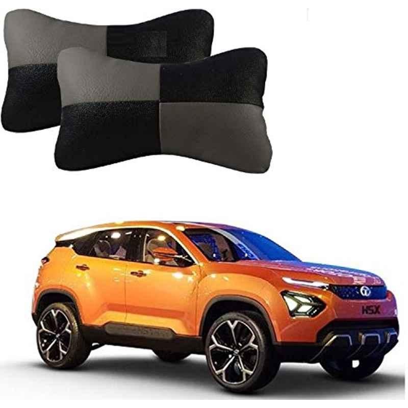Kozdiko 2 Pcs Leather Grey & Black Neck Rest Car Cushion Pillow Set for Tata H5X