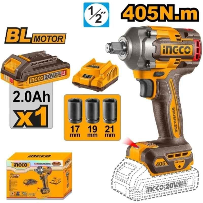 Ingco 1/2 inch 20V 2Ah Brushless Cordless Impact Wrench Driver, CIWLI204055