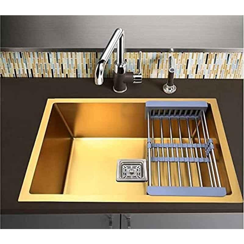 BLACKADO 24x18x10 inch Stainless Steel 304 Satin Finish Royal Gold Diamond Cut Square Single Bowl Kitchen Sink