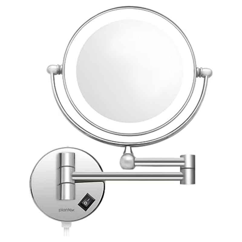 Plantex Brass & 304 Stainless-Steel Magnifying Mirror with LED/Makeup Mirror with Light/Zoom Mirror-5x/1x Magnification (8 inch-Chrome/Wall Mount)