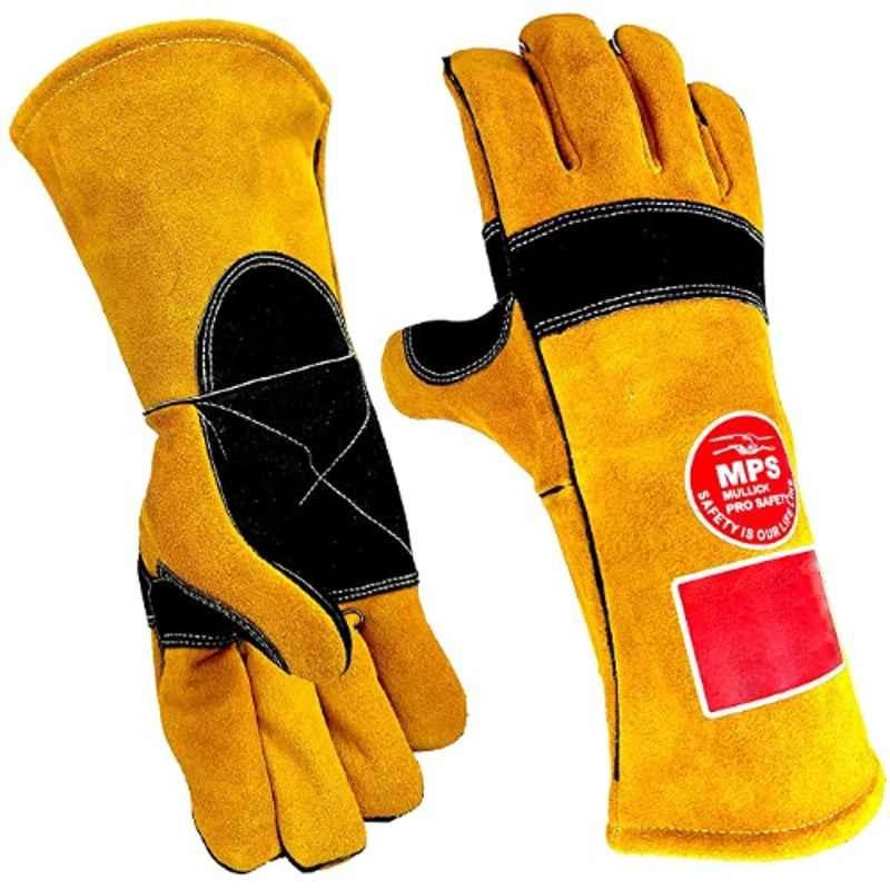 MPS 003 Leather & Cotton Yellow Welding Safety Gloves, Size: Free