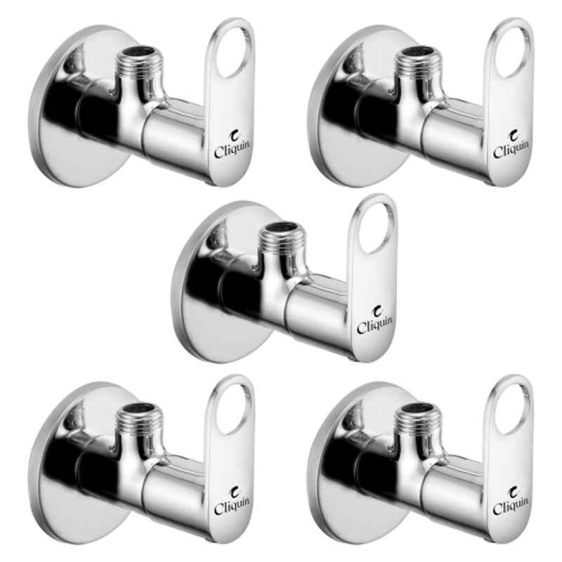 Cliquin Ornamax Brass Silver Chrome Finish Angle Valve with Wall Flange for Bathroom & Kitchen (Pack of 5)