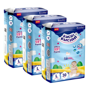 Kuchi Kuchhi 30 Pcs 9-14kg White Large Ultra Soft Baby Diaper Pant with 3D Bubble Top, KKL30X3 (Pack of 3)