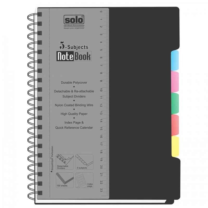 Solo A5 300 Pages Black 5-Subjects Notebook, NA 556 (Pack of 20)