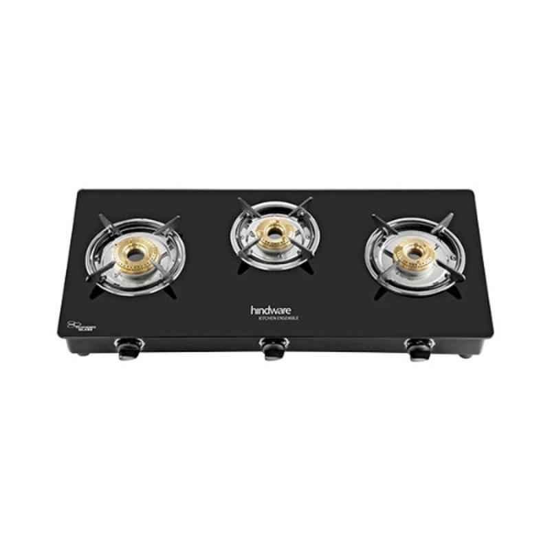 Hindware Brio Plus 3B 3 Burners Manual Ignition Black Toughened Glass Cooktop, 517063