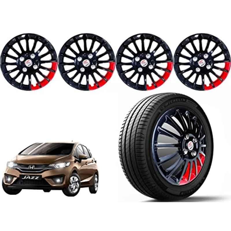 Auto Pearl 4 Pcs 15 inch ABS Black & Red Press Type Car Wheel Cover Set with Retention Ring for Honda Jazz 2015 S & V