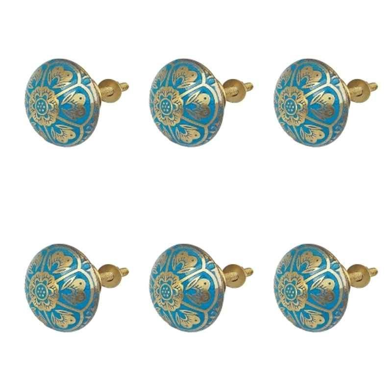 Mix & Match Jaipuri 35mm Brass Emerald Green Handcrafted Round Cabinet Knob for Wardrobe, Drawer & Cupboard (Pack of 6)