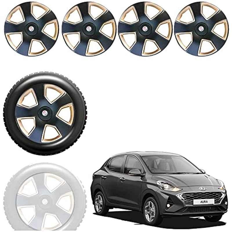 Auto Pearl 4 Pcs 15 inch Black & Golden ABS Press Type Hubcap Wheel Cover Set with Retention Ring for Hyundai Aura