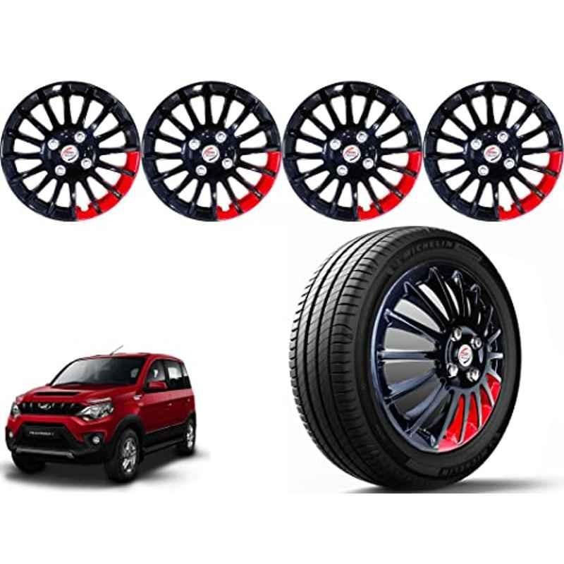 Auto Pearl 4 Pcs 15 inch ABS Black & Red Press Type Car Wheel Cover Set with Retention Ring for Mahindra Nuvo Sport