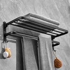 Plantex Space Aluminium Folding Towel Rack with Fix Towel Rod/Bathroom Towel Hanger for Wall/Towel Hanger with Hook/24 inch, Black