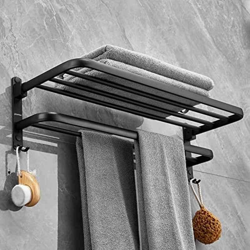 Plantex Space Aluminium Folding Towel Rack with Fix Towel Rod/Bathroom Towel Hanger for Wall/Towel Hanger with Hook/24 inch, Black