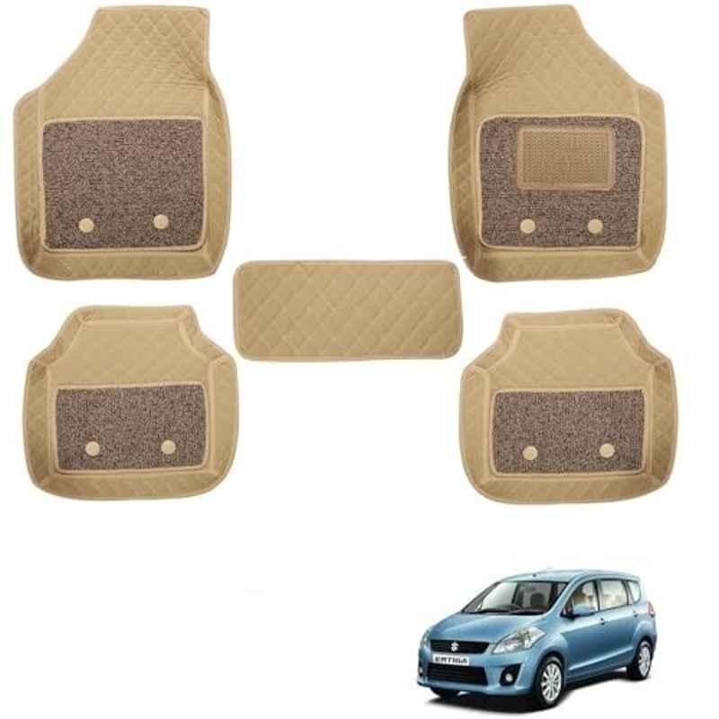 Kozdiko 5 Pcs Waterproof & Luxury 7D Beige Leatherette Car Floor Mats Set for Maruti Suzuki Old Ertiga