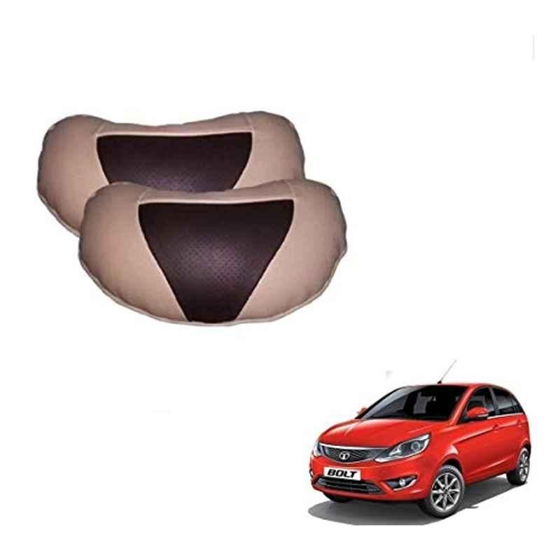 Kozdiko 2 Pcs Beige & Brown Car Neck Rest Cushion Pillow Set for Tata Bolt