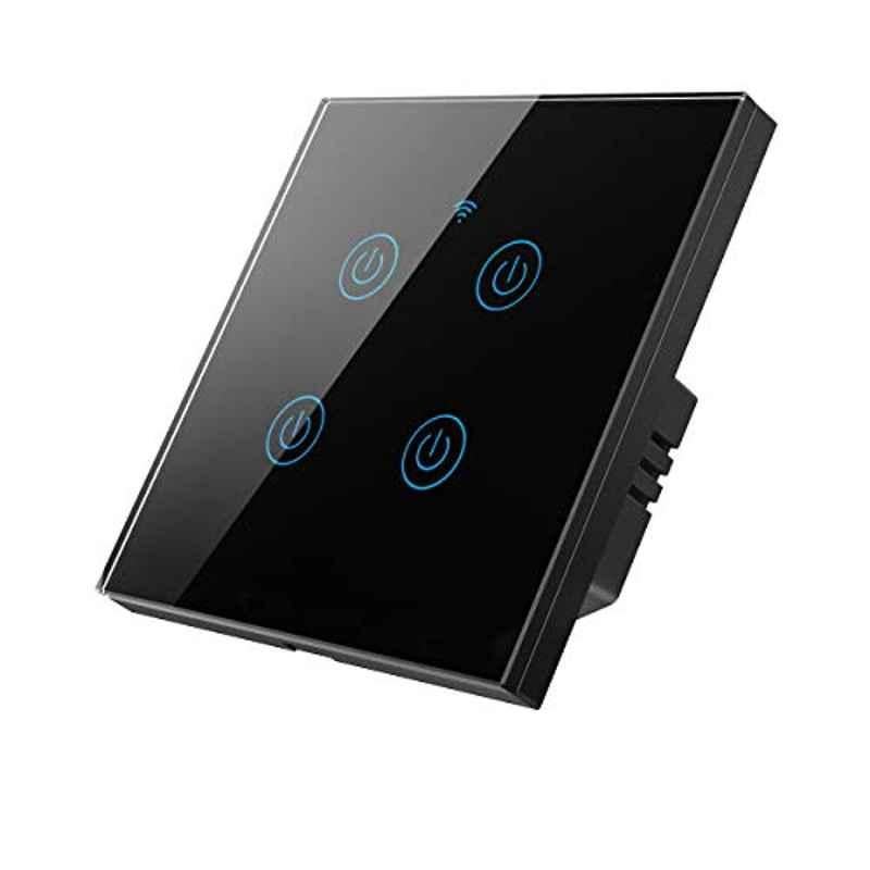 LJKJ 4 Gang Tempered Glass & Plastic Black Smart Touch Panel Light Switch