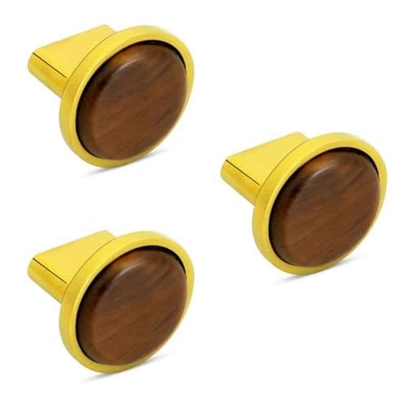 Plantex Knobs for Drawer/Round Drawer Knobs/Knobs for Cabinets/Pull-Push Knobs for Kitchen/Bedroom Drawer (Pack of 3) Small, Gold & Wood