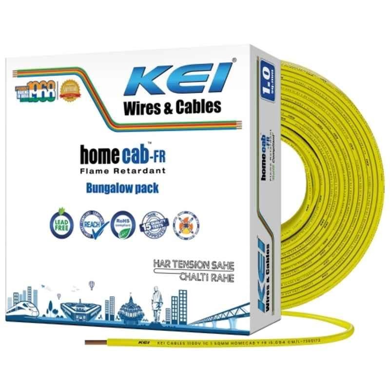 KEI Homecab 1 Sqmm 1 Core 99.97% Pure Copper Conductor FR PVC Insulated Cable for Domestic & Commercial Electrical Wiring (Yellow, 180 Meters)