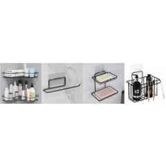 Plantex GI Steel Self-Adhesive Bathroom & Kitchen Organizer Set 2 Corner Shelf/Tissue Paper Holder/Soap Holder for Bathroom/Toothbrush Holde for Wall Mount Black