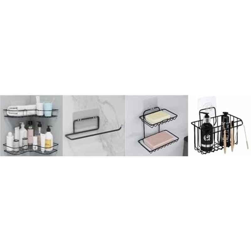 Plantex GI Steel Self-Adhesive Bathroom & Kitchen Organizer Set 2 Corner Shelf/Tissue Paper Holder/Soap Holder for Bathroom/Toothbrush Holde for Wall Mount Black