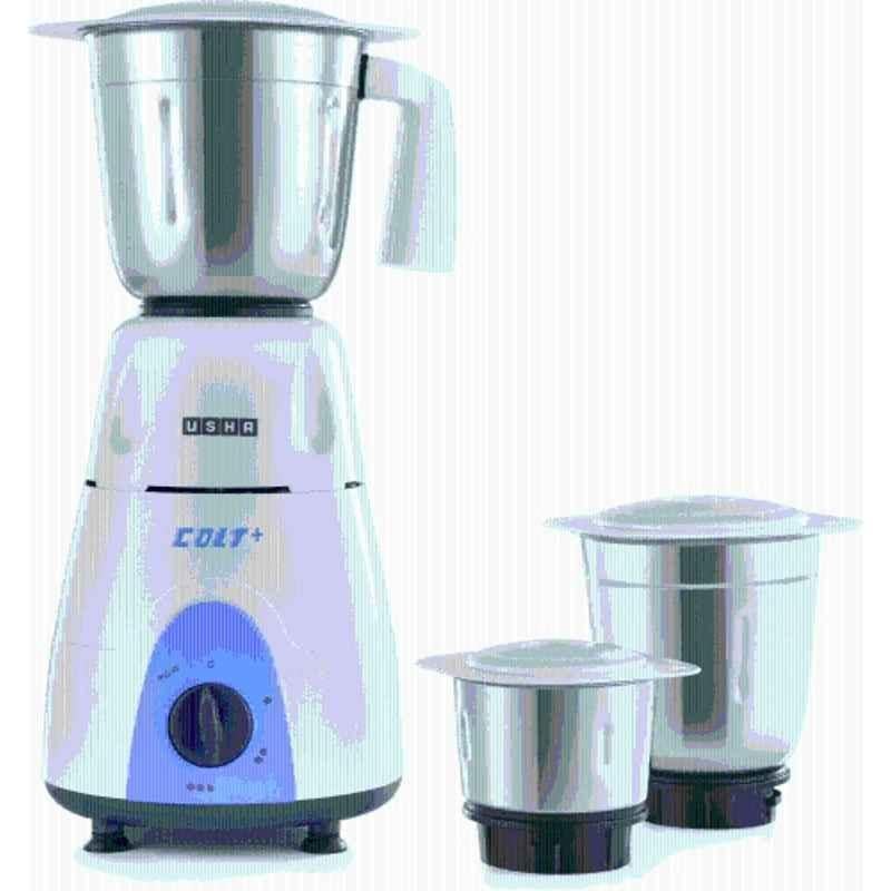 Usha Colt Plus 750W ABS White & Blue Mixer Grinder with 3 Stainless Steel Jars, MG-3772