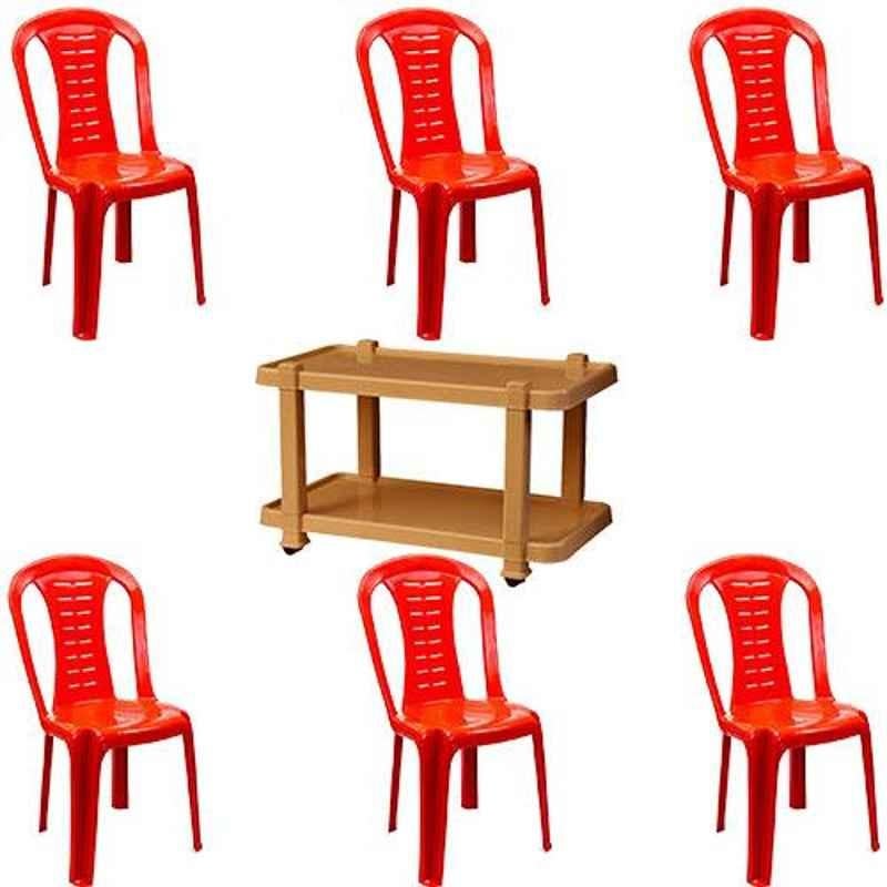 Italica 6 Pcs Polypropylene Red Without Arm Chair & Marble Beige Table with Wheels Set, 9312-6/9509