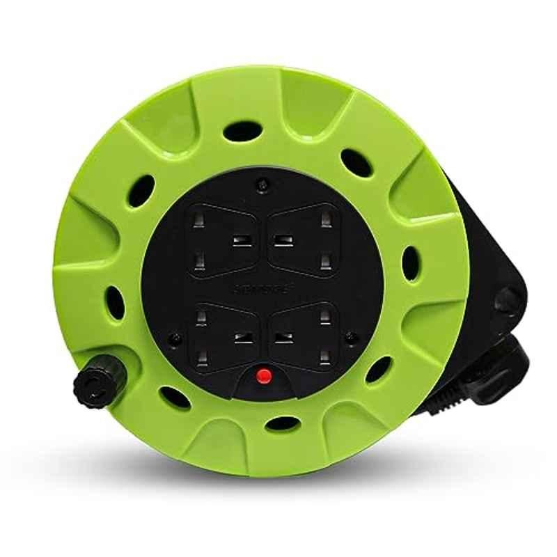Admore 13A 5m Green & Black Power Extension Cord Reel with 4 Socket