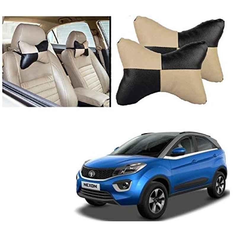 Kozdiko 2 Pcs Black & Beige Car Square Chess Design Neck Rest Seat Pillow Set for Tata Nexon