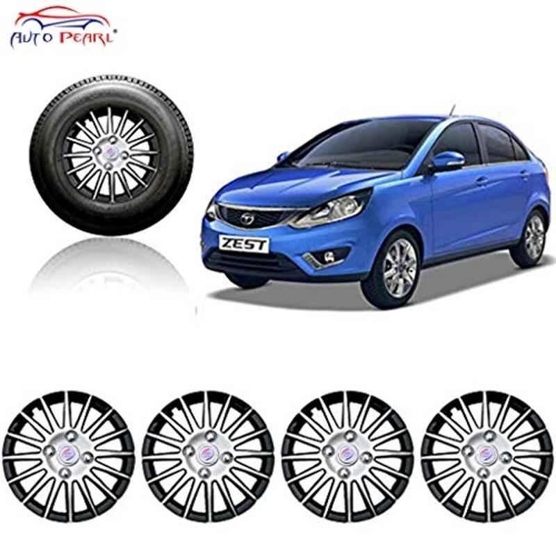 Auto Pearl 4 Pcs 15 inch ABS Silver & Black Press Fitting Wheel Cover Set for TATA Zest