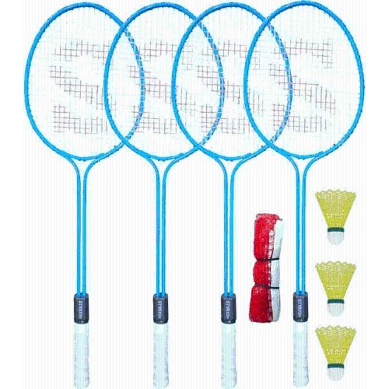 STYRKR Alloy Steel Blue Badminton Racquet Set of 4 Steel Frame with Shuttlecocks 3 & Net