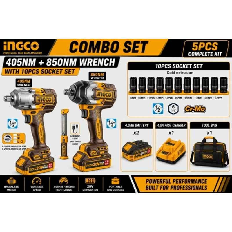 Ingco 1/2 inch 20V 850Nm & 405Nm Cordless Impact Wrench Combo with Brushless Motor