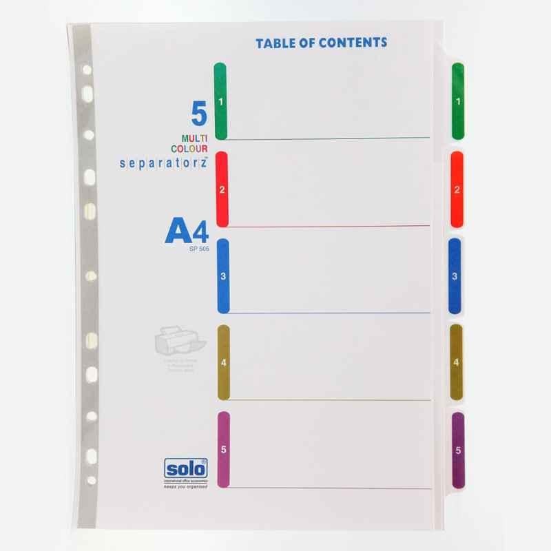Solo A4 5 Pieces Assorted Separatorz with index, SP505 (Pack of 20)